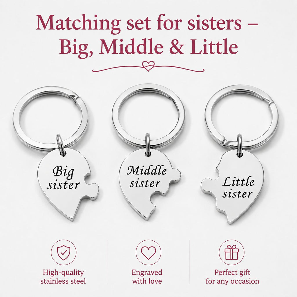 Sister Puzzle Keychain Set (3 Pieces) – Big, Middle & Little Sister Matching Gift