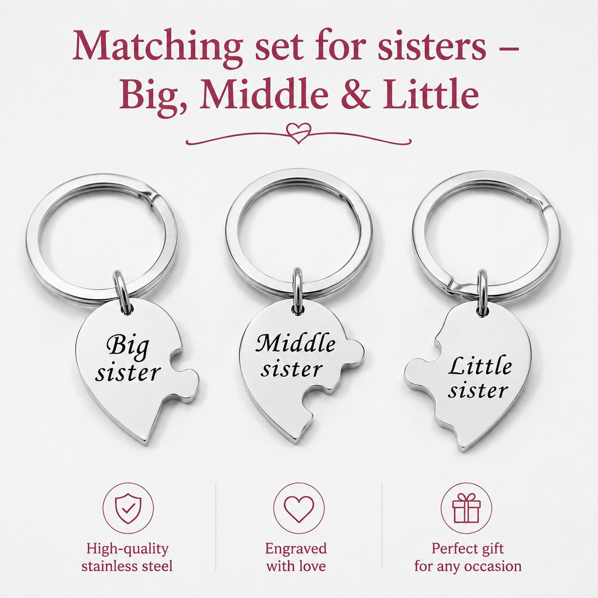 Sister Puzzle Keychain Set (3 Pieces) – Big, Middle & Little Sister Matching Gift