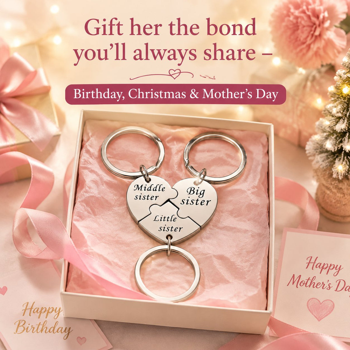 Sister Puzzle Keychain Set (3 Pieces) – Big, Middle & Little Sister Matching Gift