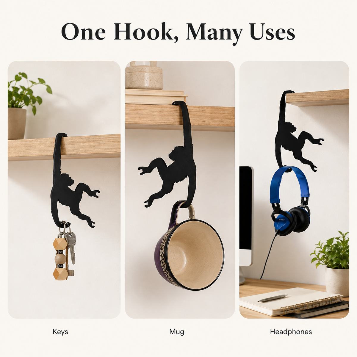 🐵🍌 Monkey Hanger Hooks – 3-Pack Space- Saving Utility Hooks